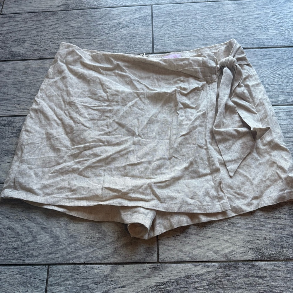 WOMENS XL LINEN BLEND TAN SKORT TAN FRONT TIE PREPPY TIMELESS COASTAL